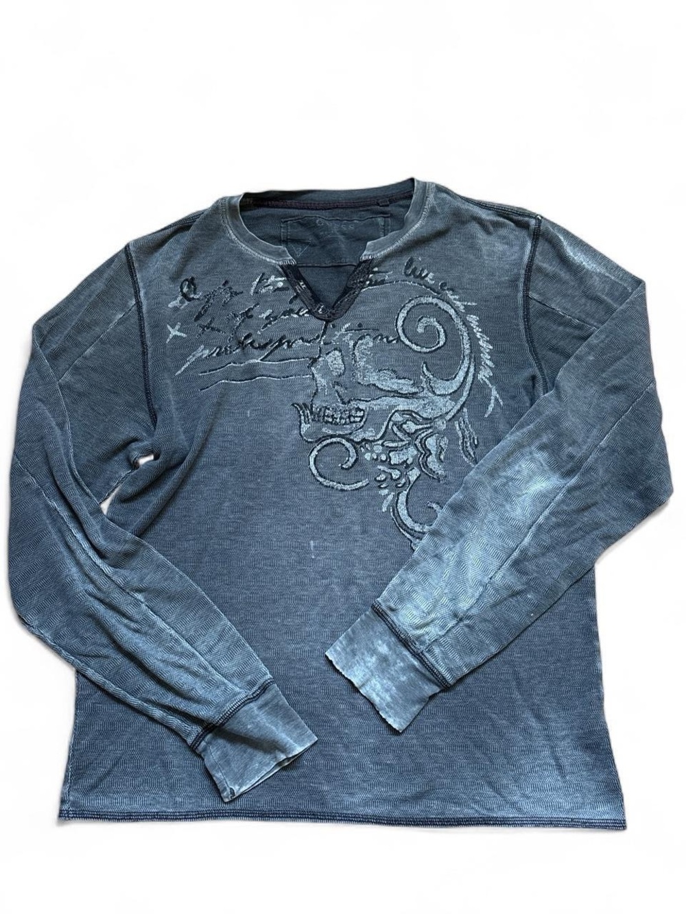 Vintage Guess Skater Thermal Henley Skull Graphic Top - Size L